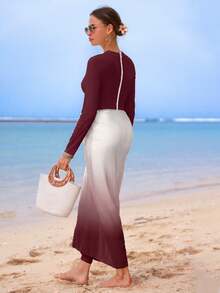 SHEIN Swim Summer High-End Elegant Solid Color Gradient Beach Dress Design Bestselling Burkini Swimsuit - Burgundy - View 5