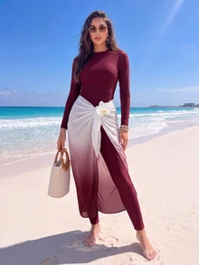 SHEIN Swim Summer High-End Elegant Solid Color Gradient Beach Dress Design Bestselling Burkini Swimsuit - Burgundy - View 2