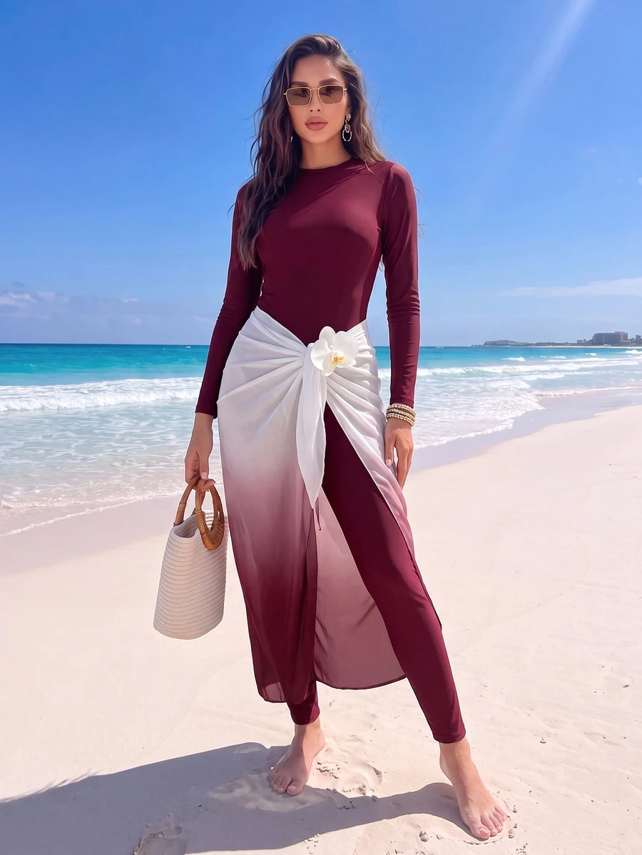 SHEIN Swim Summer High-End Elegant Solid Color Gradient Beach Dress Design Bestselling Burkini Swimsuit