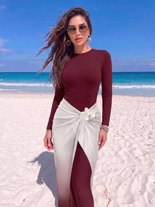 SHEIN Swim Summer High-End Elegant Solid Color Gradient Beach Dress Design Bestselling Burkini Swimsuit - Burgundy - View 3