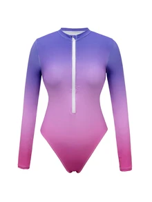 Swim Shayni 3件套，粉紫色條紋紮染印花拉鍊長袖泳衣，高腰褲裙，保守款夏季海灘派對度假裝 - 彩色 - 查看 5