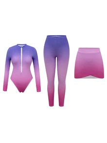 Swim Shayni 3件套，粉紫色條紋紮染印花拉鍊長袖泳衣，高腰褲裙，保守款夏季海灘派對度假裝 - 彩色 - 查看 8