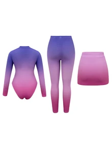 Swim Shayni 3件套，粉紫色條紋紮染印花拉鍊長袖泳衣，高腰褲裙，保守款夏季海灘派對度假裝 - 彩色 - 查看 4