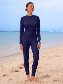 SHEIN Swim High-End Elegant Solid Color Ombre Burkini Swimwear, Summer - Navy Blue - View 6