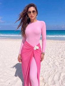 SHEIN Swim High-End Elegant Solid Color Ombre Beach Dress Design, Popular Selling Burkini Swimwear For Summer - Pink - View 3