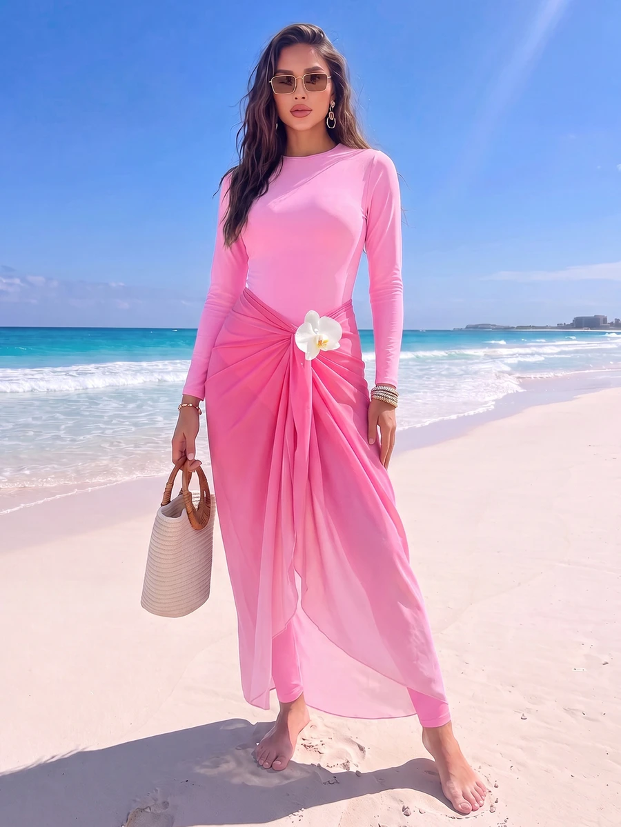 SHEIN Swim High-End Elegant Solid Color Ombre Beach Dress Design, Popular Selling Burkini Swimwear For Summer