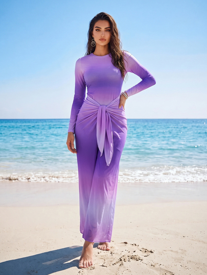SHEIN Swim Bộ đồ bơi 3 món cho nữ Hồi giáo màu tím oải hương gradient, áo tay dài cổ tròn, quần dài, chân váy lưới, phong cách kín đáo ren cho đi biển nghỉ mát mùa hè
