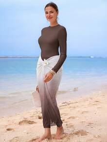 SHEIN Swim High-End Elegant Solid Color Ombre Beach Dress Design, Popular Selling Burkini Swimwear For Summer - Brown - View 5