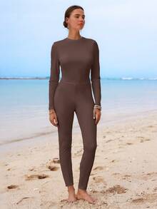 SHEIN Swim High-End Elegant Solid Color Ombre Beach Dress Design, Popular Selling Burkini Swimwear For Summer - Brown - View 7