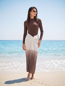 SHEIN Swim High-End Elegant Solid Color Ombre Beach Dress Design, Popular Selling Burkini Swimwear For Summer - Brown - View 2