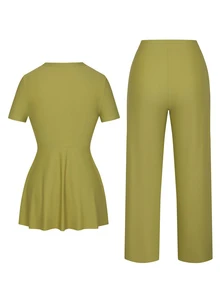 SHEIN Swim New Summer Women's Round Neck Short Sleeve Cinched Waist Ruffle Front Slit Dress & Wide Leg Pants Green Casual Vacation Burkini Set - Green - View 9