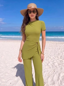 SHEIN Swim New Summer Women's Round Neck Short Sleeve Cinched Waist Ruffle Front Slit Dress & Wide Leg Pants Green Casual Vacation Burkini Set - Green - View 2