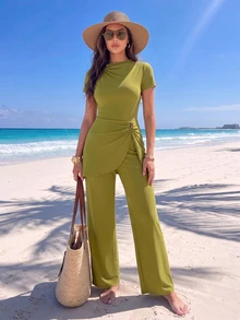SHEIN Swim New Summer Women's Round Neck Short Sleeve Cinched Waist Ruffle Front Slit Dress & Wide Leg Pants Green Casual Vacation Burkini Set - Green - View 1