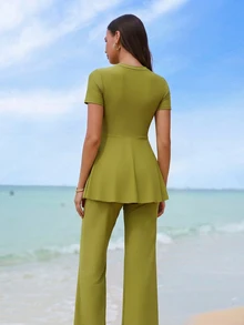 SHEIN Swim New Summer Women's Round Neck Short Sleeve Cinched Waist Ruffle Front Slit Dress & Wide Leg Pants Green Casual Vacation Burkini Set - Green - View 4