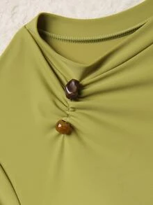 SHEIN Swim New Summer Women's Round Neck Short Sleeve Cinched Waist Ruffle Front Slit Dress & Wide Leg Pants Green Casual Vacation Burkini Set - Green - View 10