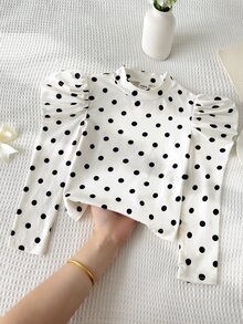 SHEIN 女童針織波點長袖T恤休閒日常百搭外套內搭 - 白色 - 查看 6
