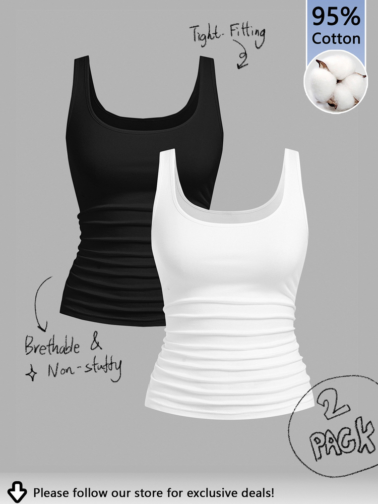 Slaydiva 2pcs Women Casual Scoop Neck Ruched Waist Fitted Tank Top Set, Versatile For Daily Wear, 95% Cotton, Suitable For All Seasons Indoor And Outdoor, Vintage, Cute Summer Tops, Softgirl, Summer Outing Items, Home, Back To School, Fall Women Clothes, Versatile - Black and White - View 10