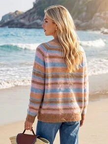 Sylviya Sweater Lengan Panjang Bergaris Kasual untuk Wanita Musim Gugur/Dingin, Pakaian Musim Gugur untuk Wanita, Pakaian Musim Dingin Wanita, Sweater Musim Gugur/Dingin Wanita - MultiWarna - View 2