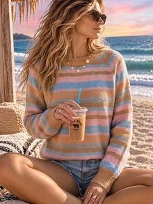 Sylviya Sweater Lengan Panjang Bergaris Kasual untuk Wanita Musim Gugur/Dingin, Pakaian Musim Gugur untuk Wanita, Pakaian Musim Dingin Wanita, Sweater Musim Gugur/Dingin Wanita - MultiWarna - View 1