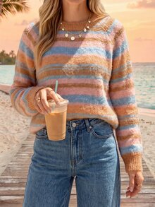 Sylviya Sweater Lengan Panjang Bergaris Kasual untuk Wanita Musim Gugur/Dingin, Pakaian Musim Gugur untuk Wanita, Pakaian Musim Dingin Wanita, Sweater Musim Gugur/Dingin Wanita - MultiWarna - View 4