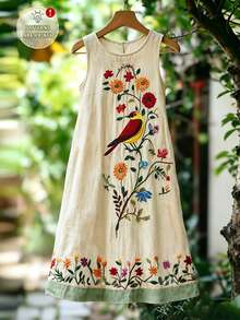 EMERY ROSE [Printed Design] Women's Floral Print Round Neck Casual Sleeveless Midi Dress For Vacation - Multicolor - View 1