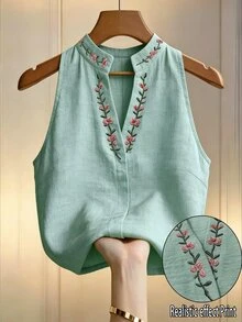 Flora Isola Flora Isola 【印花設計】女款花卉印花缺口領無袖上衣，刺繡上衣，女款夏季優雅上衣，辦公通勤上衣 - 綠色 - 查看 3