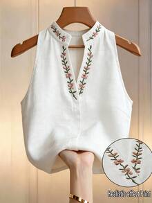 Flora Isola Flora Isola 【印花設計】女款花卉印花缺口領無袖上衣，刺繡上衣，女款夏季優雅上衣，通勤辦公上衣 - 白色 - 查看 3