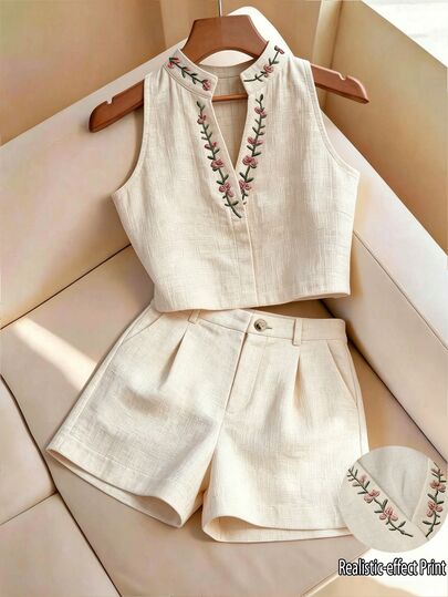 Selianne Women's Summer Embroidered 2 Pieces Set, Refreshing Linen-Feel Sleeveless Top And Shorts Set, Embroidered Stand Collar Sleeveless Top 2 Pieces Set, Daily Commute Casual Outfit