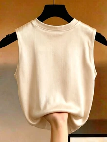 SHEIN Clasi 【印花設計】女款仿珍珠裝飾圓領蝴蝶印花時尚背心 - 香檳色 - 查看 6