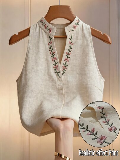 Louniche 女款花卉刺繡立領無袖上衣，刺繡上衣，女款夏季穿搭，優雅上衣，職場通勤穿搭
