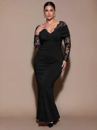 SHEIN BAE CURVE Vestido de encaje negro con patchwork y fruncido para mujer de talla grande, vestido plisado con paneles de encaje y un escote en V sexy - perfecto para Halloween.