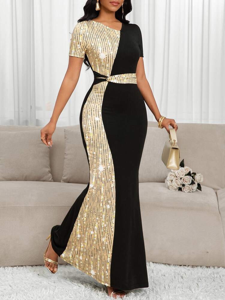 SHEIN Lady [Printed Design] Women's Elegant Colorblock Sequin Patchwork Mermaid Dress, Birthday/Event/Office/Church/Wedding/Holiday/Party/Formal/Long/Business Casual/Work/New/Graduation/Birthday/Summer - Multicolor - View 7