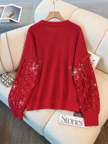 Comfylo Plus Size Christmas Autumn/Winter Fashion Sequin Sweater - Red - View 2