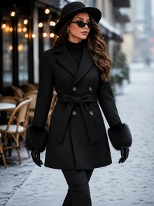 Editum Women's Solid Color Lapel Neck Long Sleeve Double-Breasted Elegant Overcoat - Black - View 3