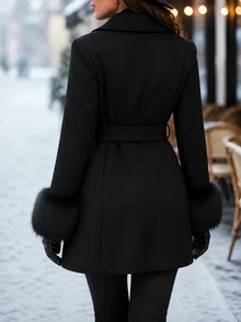Editum Women's Solid Color Lapel Neck Long Sleeve Double-Breasted Elegant Overcoat - Black - View 2