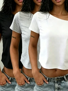 Rovax 3pcs/Set Summer New Fitted Short Asymmetrical Shoulder Short Sleeve T-Shirts - Multicolor - View 3