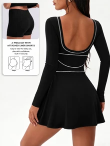 Pariaura Autumn/Winter Women's Sports Dress, Simple Black Tight Long Sleeve U-Neck Color Block Striped Patchwork With Detachable Shorts Pockets, Daily Modest - Black - View 5