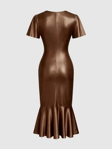 Elenzga Women's Solid Color Overlap V-Neck Short Sleeve Pleated Elegant Dress - Brown - View 5