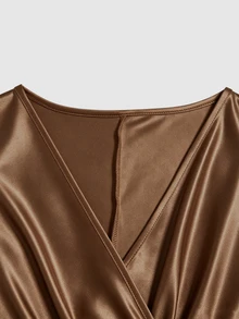 Elenzga Women's Solid Color Overlap V-Neck Short Sleeve Pleated Elegant Dress - Brown - View 3