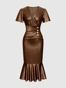 Elenzga Women's Solid Color Overlap V-Neck Short Sleeve Pleated Elegant Dress - Brown - View 4