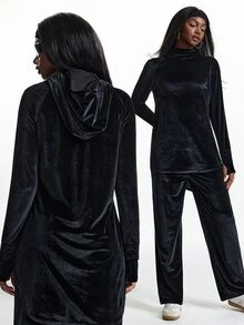 Innovista Innovista 女款保暖天鵝絨連帽長袖寬腿抽繩運動套裝健身服運動套裝皮拉提斯瑜珈套裝運動服機能服 - 黑色 - 查看 10