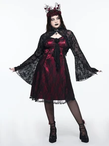 ROMWE Gothic Plus Size Spaghetti Strap Dress With 3D Rose Decor, Lace Sheer Burgundy Waist-Cinching A-Line Party Mini Dress - Burgundy - View 9