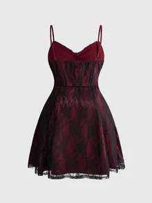 ROMWE Gothic Plus Size Spaghetti Strap Dress With 3D Rose Decor, Lace Sheer Burgundy Waist-Cinching A-Line Party Mini Dress - Burgundy - View 12