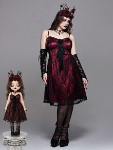 ROMWE Gothic Plus Size Spaghetti Strap Dress With 3D Rose Decor, Lace Sheer Burgundy Waist-Cinching A-Line Party Mini Dress - Burgundy - View 18