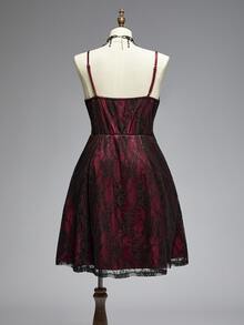 ROMWE Gothic Plus Size Spaghetti Strap Dress With 3D Rose Decor, Lace Sheer Burgundy Waist-Cinching A-Line Party Mini Dress - Burgundy - View 16