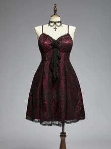 ROMWE Gothic Plus Size Spaghetti Strap Dress With 3D Rose Decor, Lace Sheer Burgundy Waist-Cinching A-Line Party Mini Dress - Burgundy - View 15