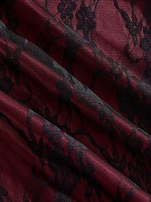 ROMWE Gothic Plus Size Spaghetti Strap Dress With 3D Rose Decor, Lace Sheer Burgundy Waist-Cinching A-Line Party Mini Dress - Burgundy - View 14