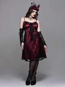ROMWE Gothic Plus Size Spaghetti Strap Dress With 3D Rose Decor, Lace Sheer Burgundy Waist-Cinching A-Line Party Mini Dress - Burgundy - View 1