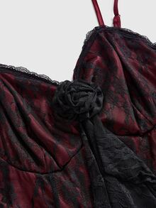 ROMWE Gothic Plus Size Spaghetti Strap Dress With 3D Rose Decor, Lace Sheer Burgundy Waist-Cinching A-Line Party Mini Dress - Burgundy - View 13