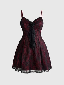 ROMWE Gothic Plus Size Spaghetti Strap Dress With 3D Rose Decor, Lace Sheer Burgundy Waist-Cinching A-Line Party Mini Dress - Burgundy - View 11